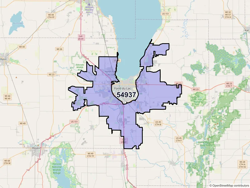Map of ZIP Code 54937 — Fond Du Lac, WI