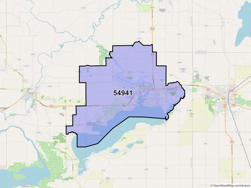 Map of Green Lake, Wisconsin and ZIP codes