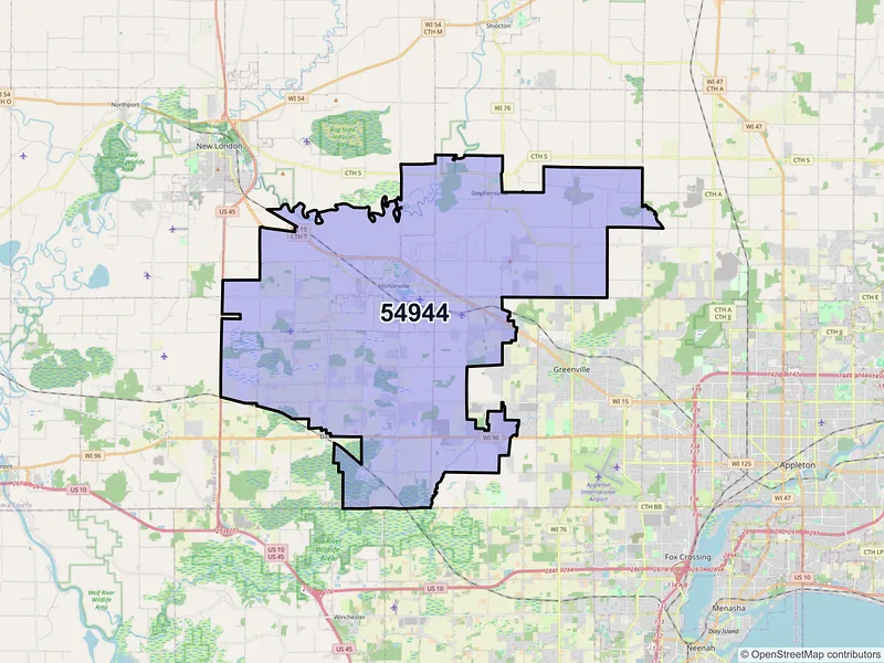 Map of Hortonville, Wisconsin and ZIP codes