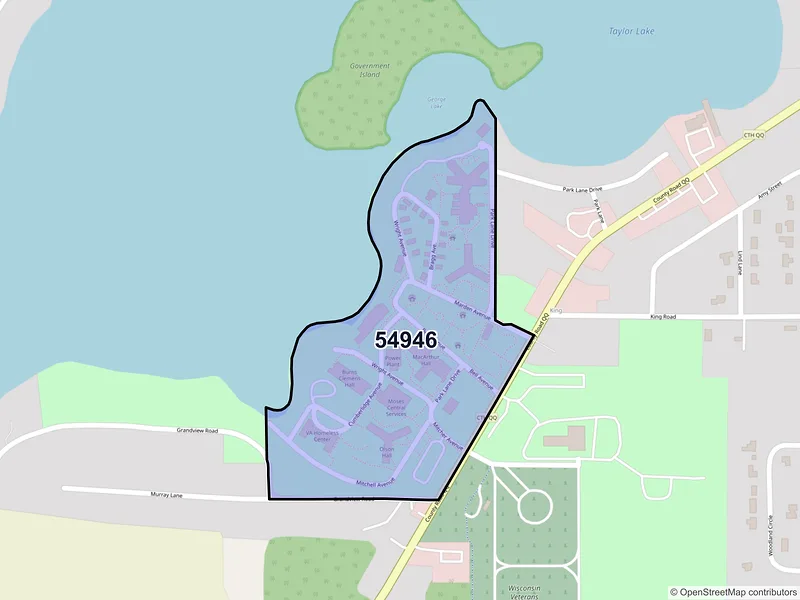 Map of King, Wisconsin and ZIP codes