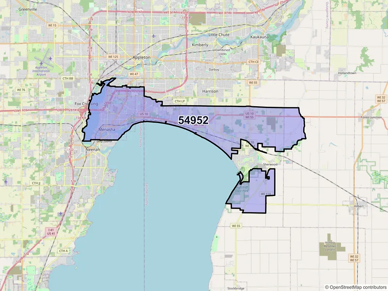 Map of ZIP Code 54952 — Menasha, WI