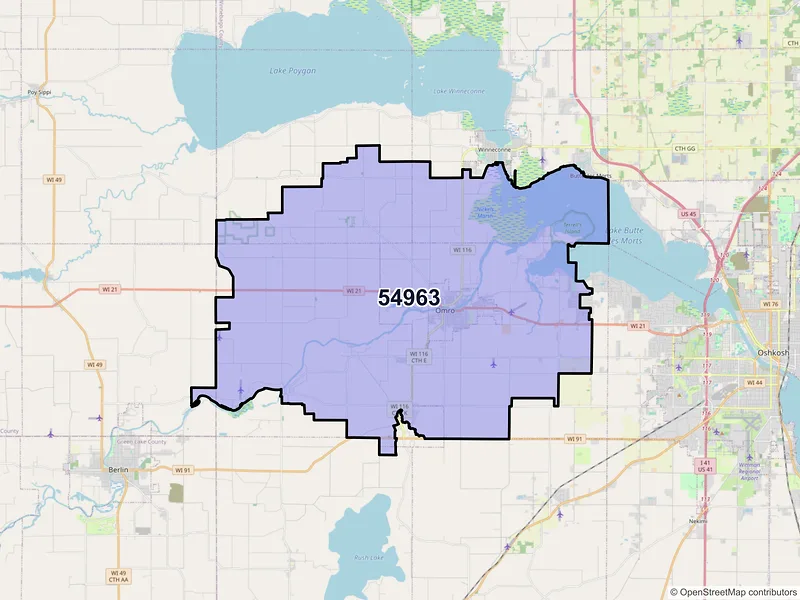 Map of Omro, Wisconsin and ZIP codes