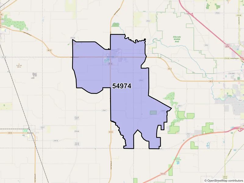 Map of ZIP Code 54974 — Rosendale, WI