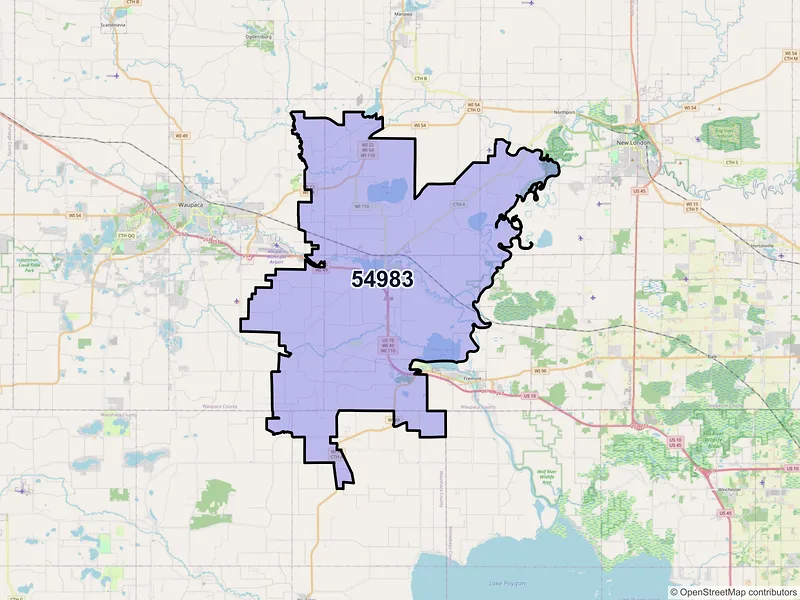 Map of ZIP Code 54983 — Weyauwega, WI