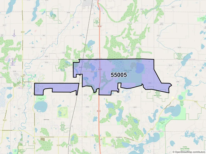 Map of ZIP Code 55005 — Bethel, MN
