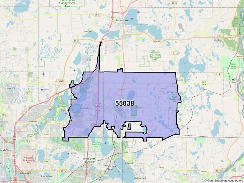 Map of Hugo, Minnesota and ZIP codes