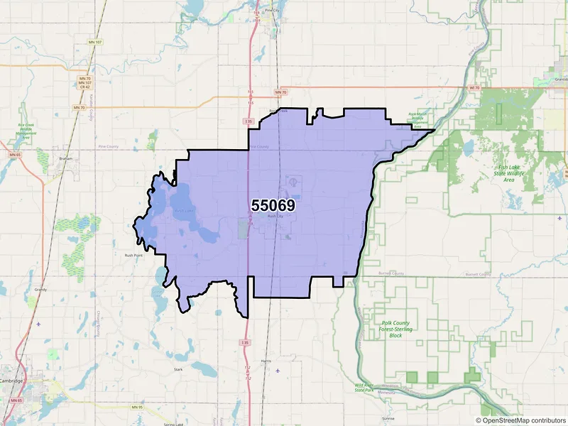 Map of ZIP Code 55069 — Rush City, MN