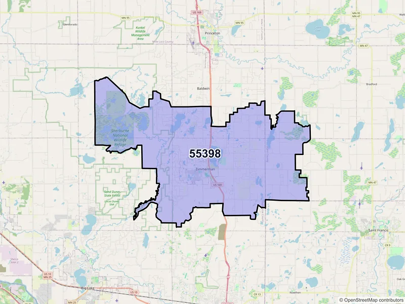 Map of ZIP Code 55398 — Zimmerman, MN