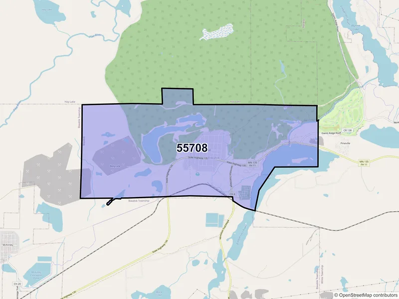 Map of Biwabik, Minnesota and ZIP codes
