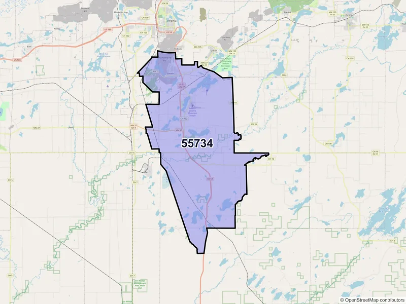 Map of ZIP Code 55734 — Eveleth, MN