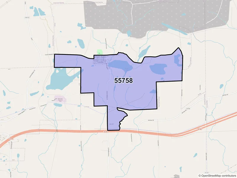 Map of ZIP Code 55758 — Kinney, MN