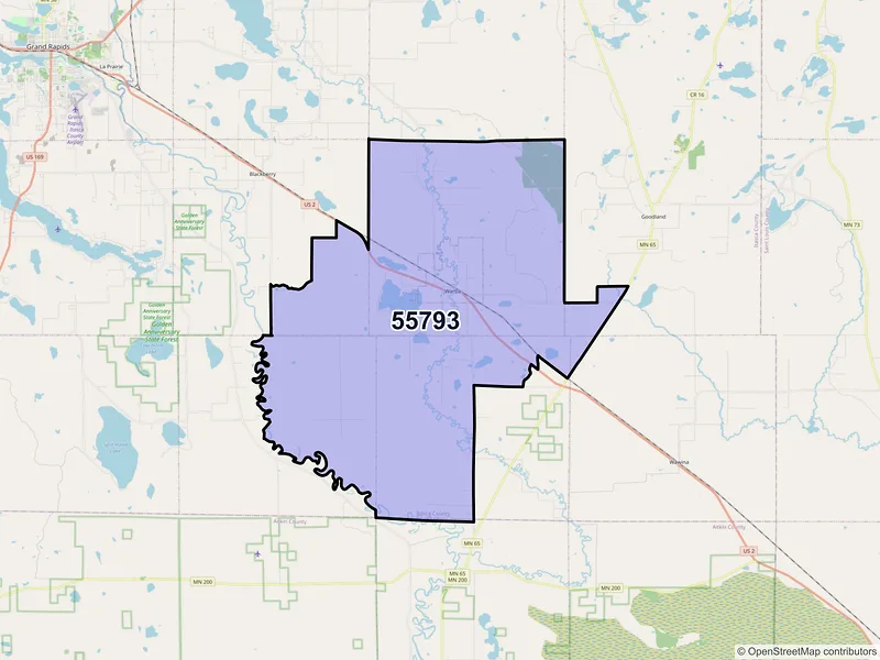 Map of ZIP Code 55793 — Warba, MN