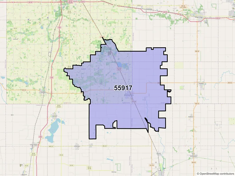 Map of ZIP Code 55917 — Blooming Prairie, MN