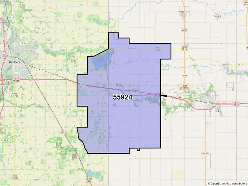 Map of Claremont, Minnesota and ZIP codes