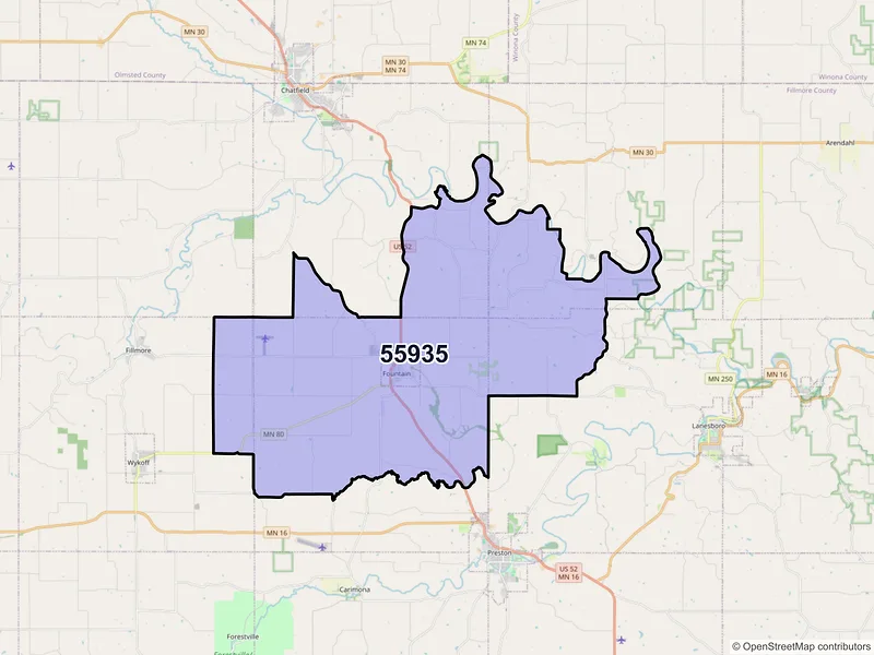 Map of ZIP Code 55935 — Fountain, MN