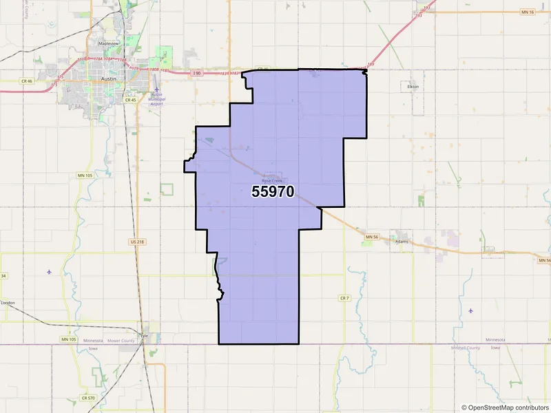 Map of Rose Creek, Minnesota and ZIP codes