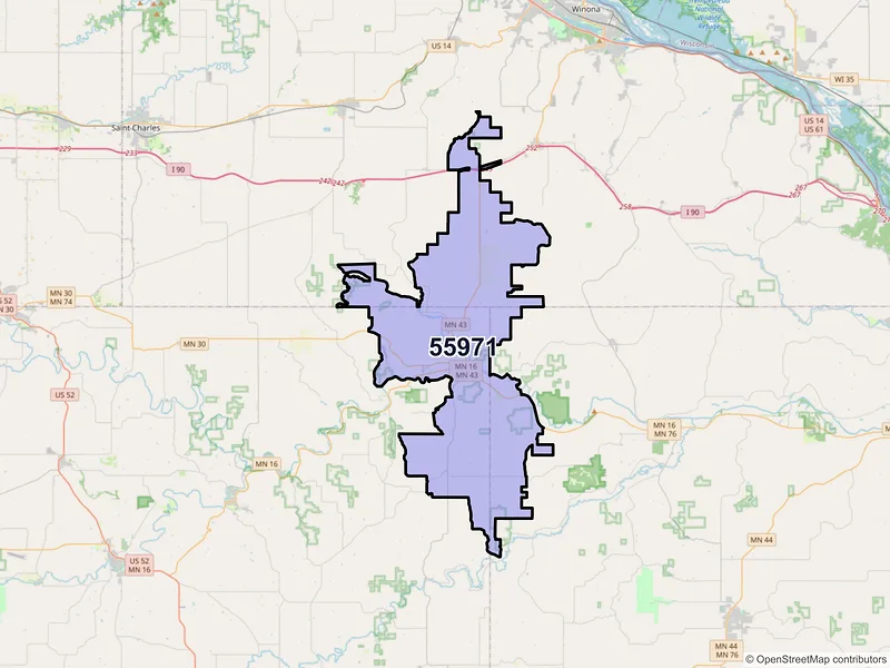 Map of ZIP Code 55971 — Rushford, MN