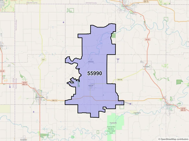 Map of Wykoff, Minnesota and ZIP codes