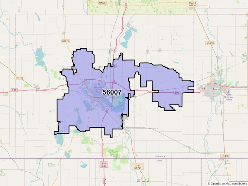 Map of Albert Lea, Minnesota and ZIP codes