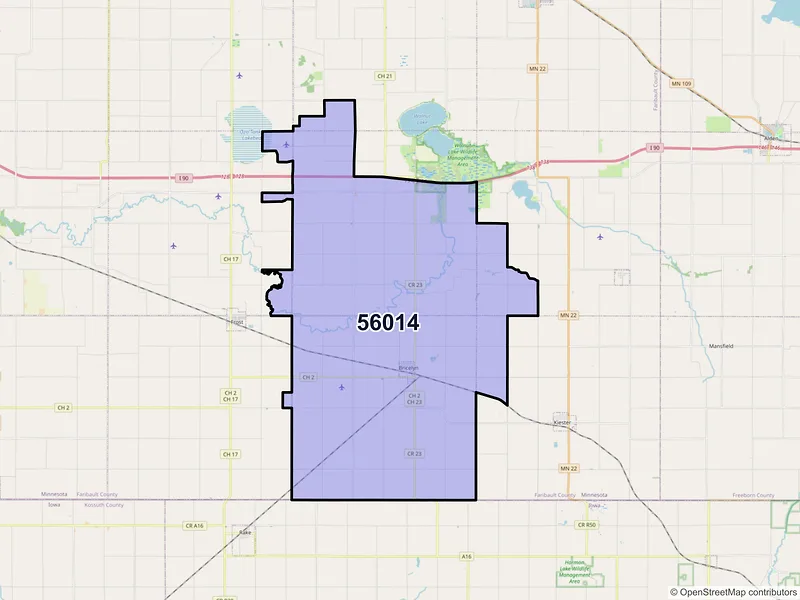 Map of Bricelyn, Minnesota and ZIP codes
