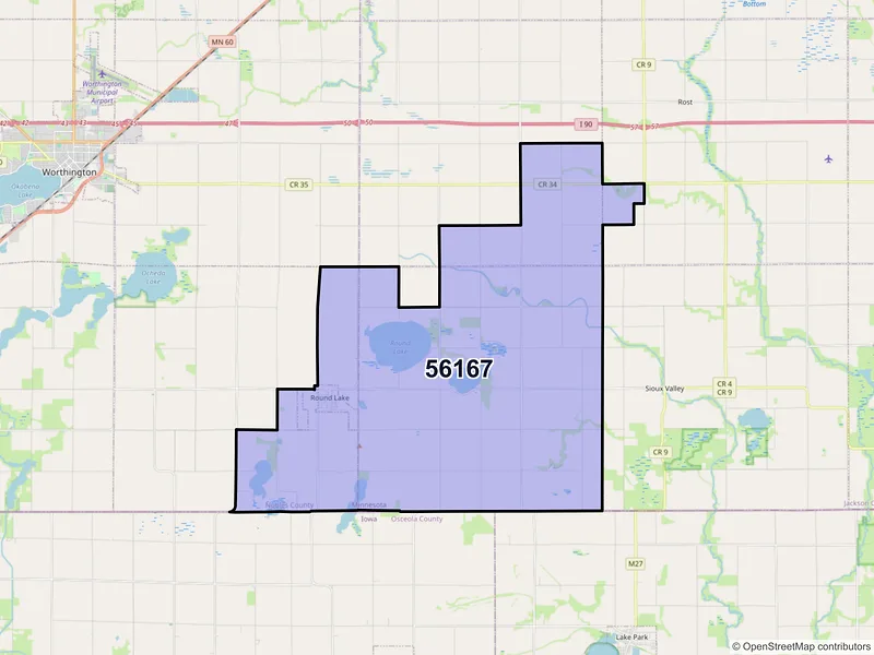 Map of ZIP Code 56167 — Round Lake, MN
