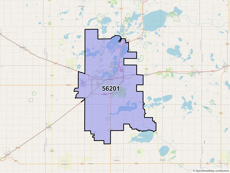 Map of Willmar, Minnesota and ZIP codes