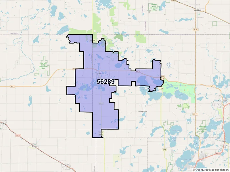 Map of Sunburg, Minnesota and ZIP codes