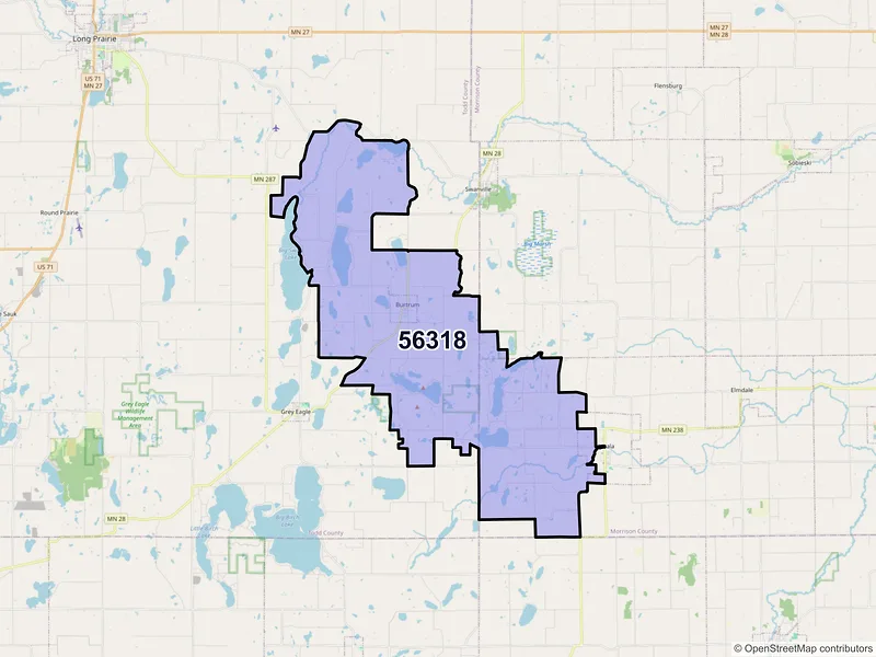Map of Burtrum, Minnesota and ZIP codes