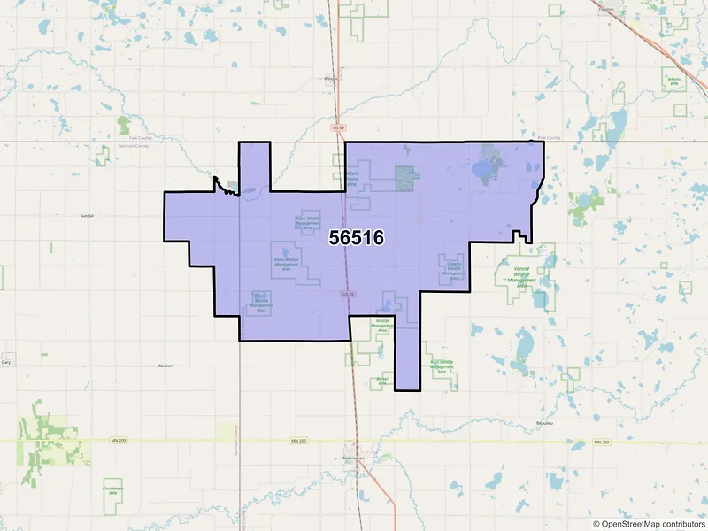 Map of ZIP Code 56516 — Bejou, MN