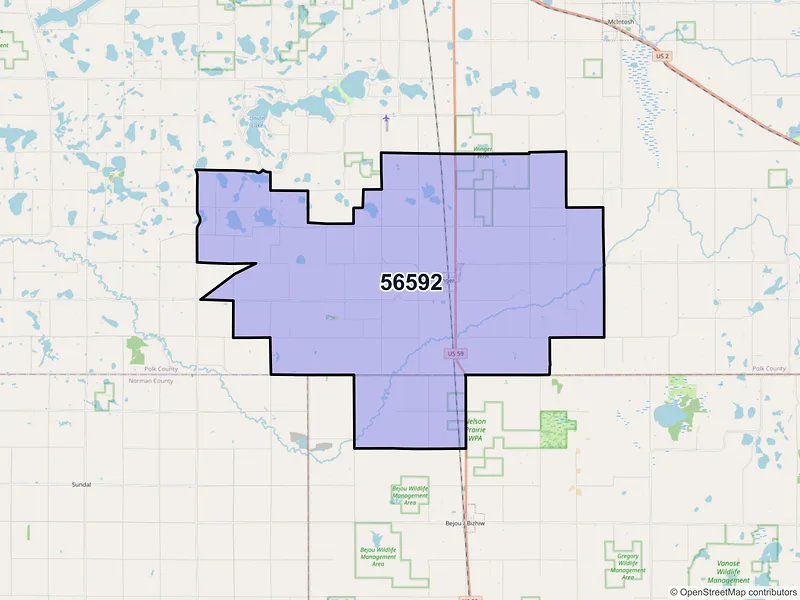 Map of ZIP Code 56592 — Winger, MN