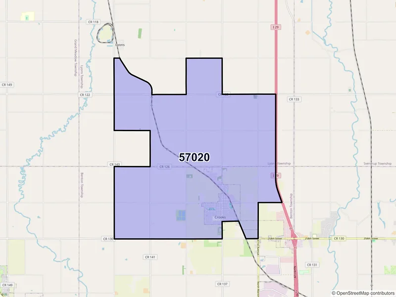 Map of ZIP Code 57020 — Crooks, SD