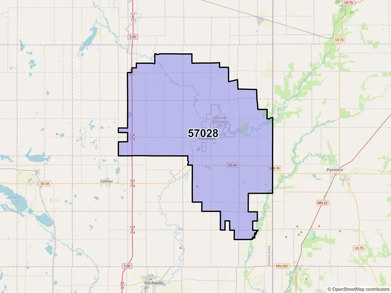Map of Flandreau, South Dakota and ZIP codes