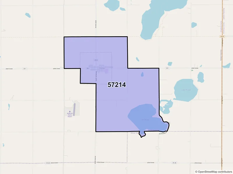Map of Badger, South Dakota and ZIP codes
