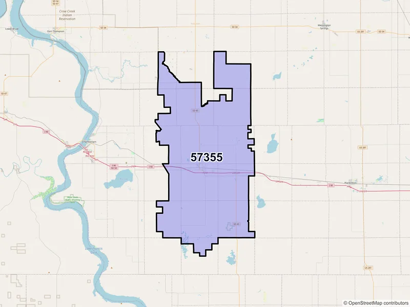 Map of ZIP Code 57355 — Kimball, SD