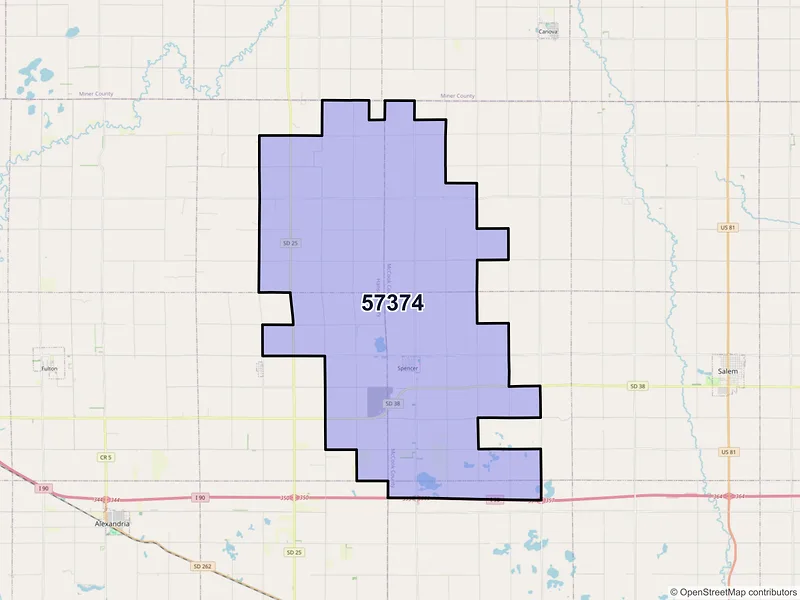 Map of Spencer, South Dakota and ZIP codes