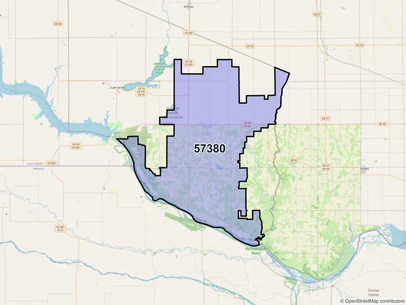 Map of ZIP Code 57380 — Wagner, SD