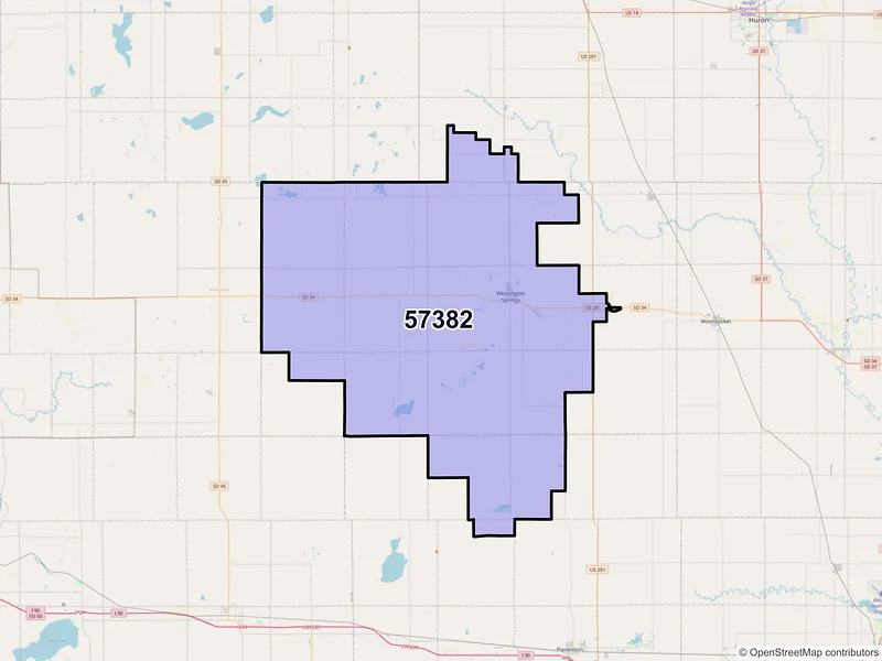 Map of ZIP Code 57382 — Wessington Springs, SD