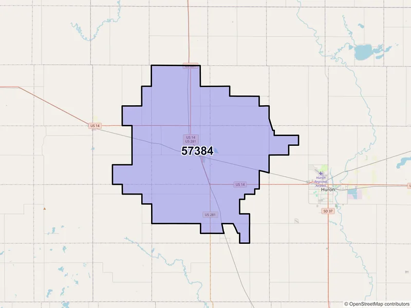 Map of ZIP Code 57384 — Wolsey, SD