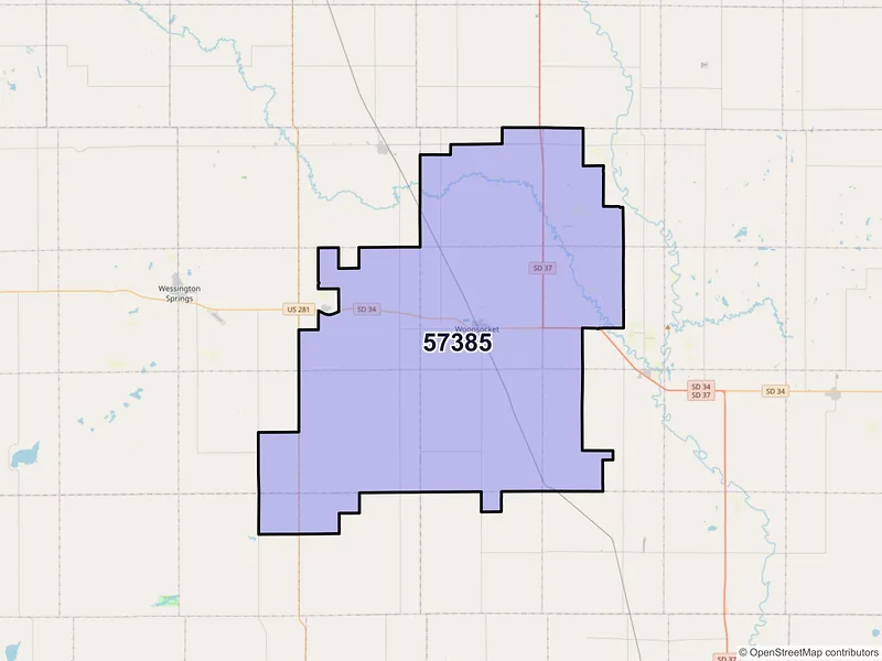 Map of ZIP Code 57385 — Woonsocket, SD