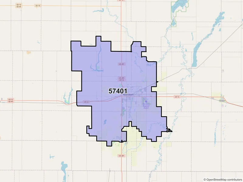 Map of ZIP Code 57401 — Aberdeen, SD