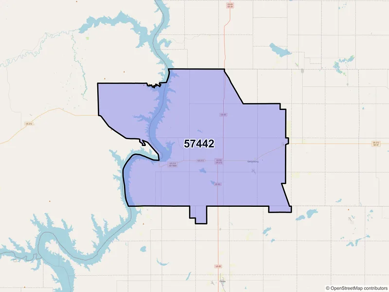 Map of ZIP Code 57442 — Gettysburg, SD