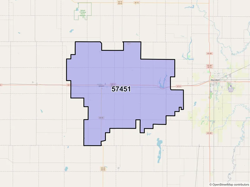 Map of ZIP Code 57451 — Ipswich, SD