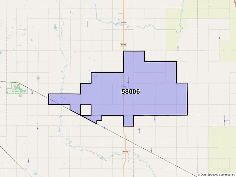 Map of ZIP Code 58006 — Arthur, ND
