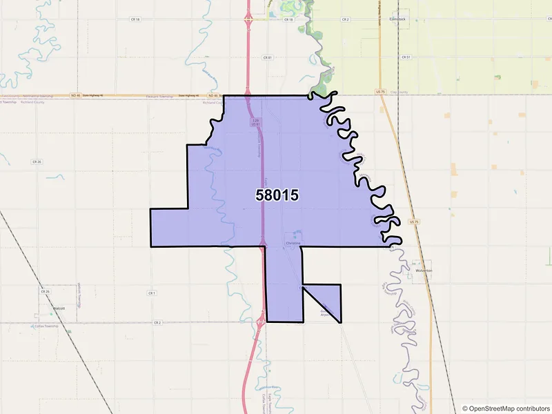 Map of ZIP Code 58015 — Christine, ND