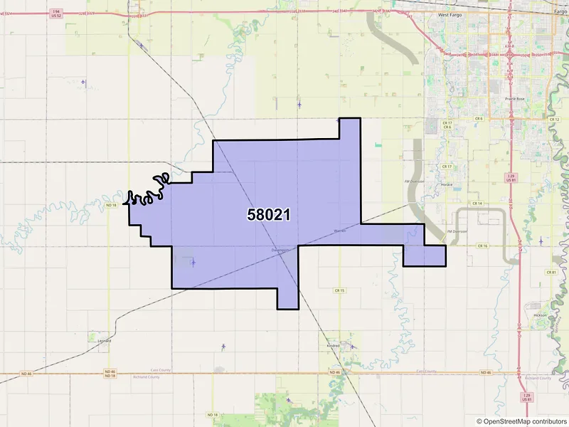 Map of ZIP Code 58021 — Davenport, ND