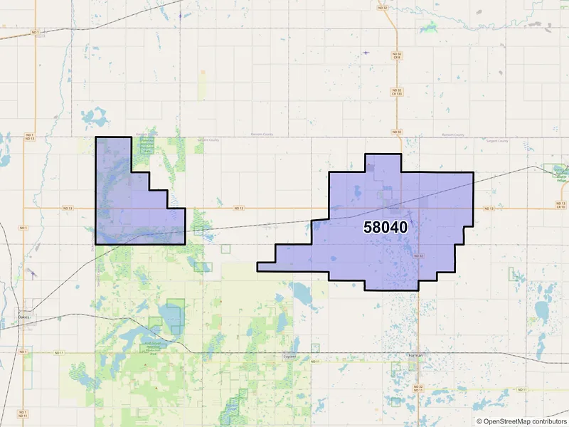 Map of ZIP Code 58040 — Gwinner, ND