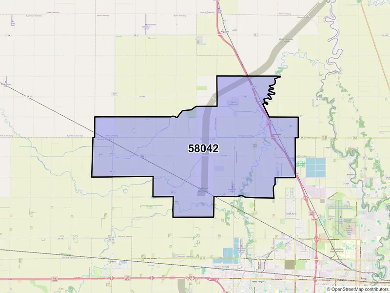 Map of Harwood, North Dakota and ZIP codes