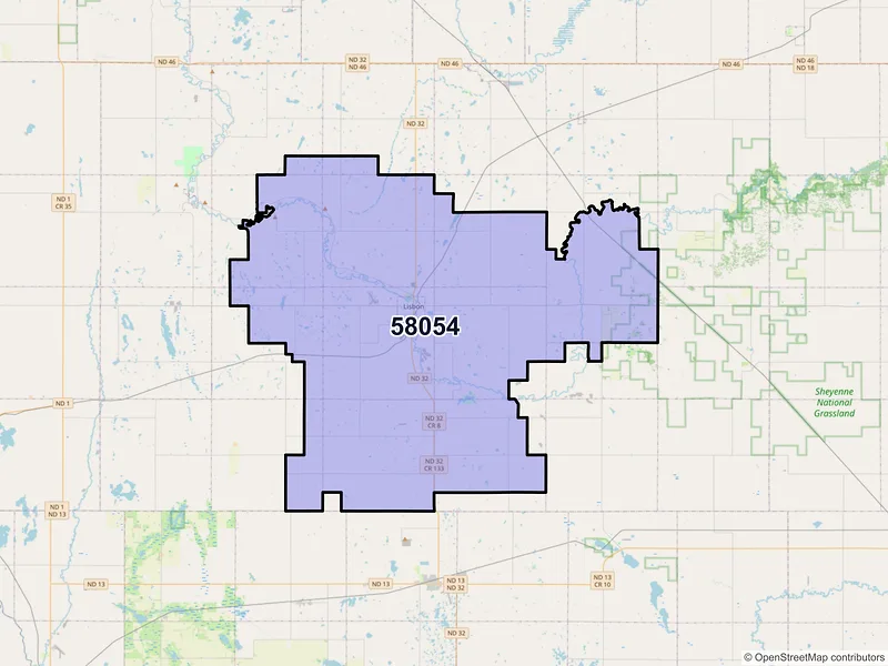Map of ZIP Code 58054 — Lisbon, ND