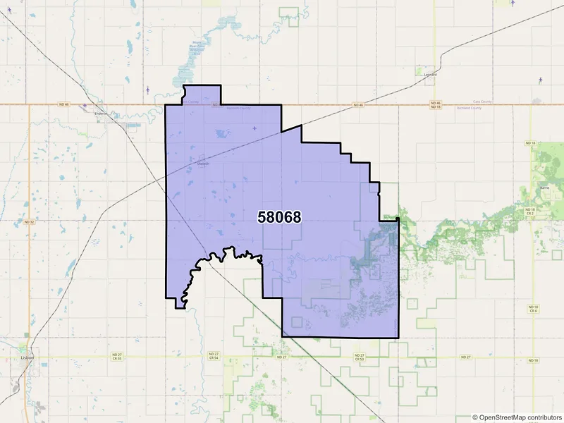 Map of Sheldon, North Dakota and ZIP codes