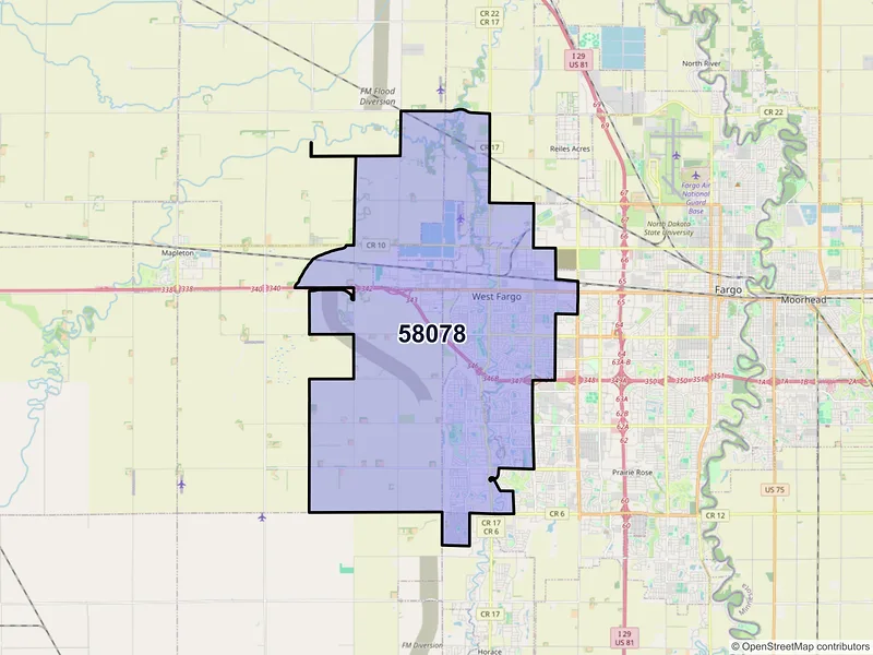 Map of West Fargo, North Dakota and ZIP codes